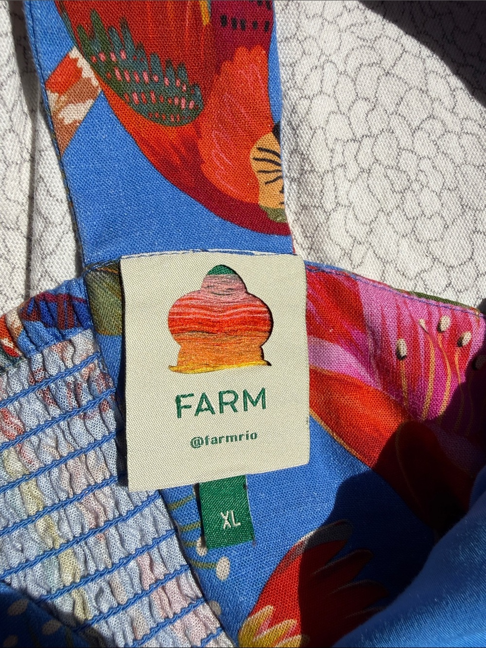 Farm Rio dress mini Blue pockets Tropical parrots Sundress linen-Ruffle hem - XL - Picture 15 of 17